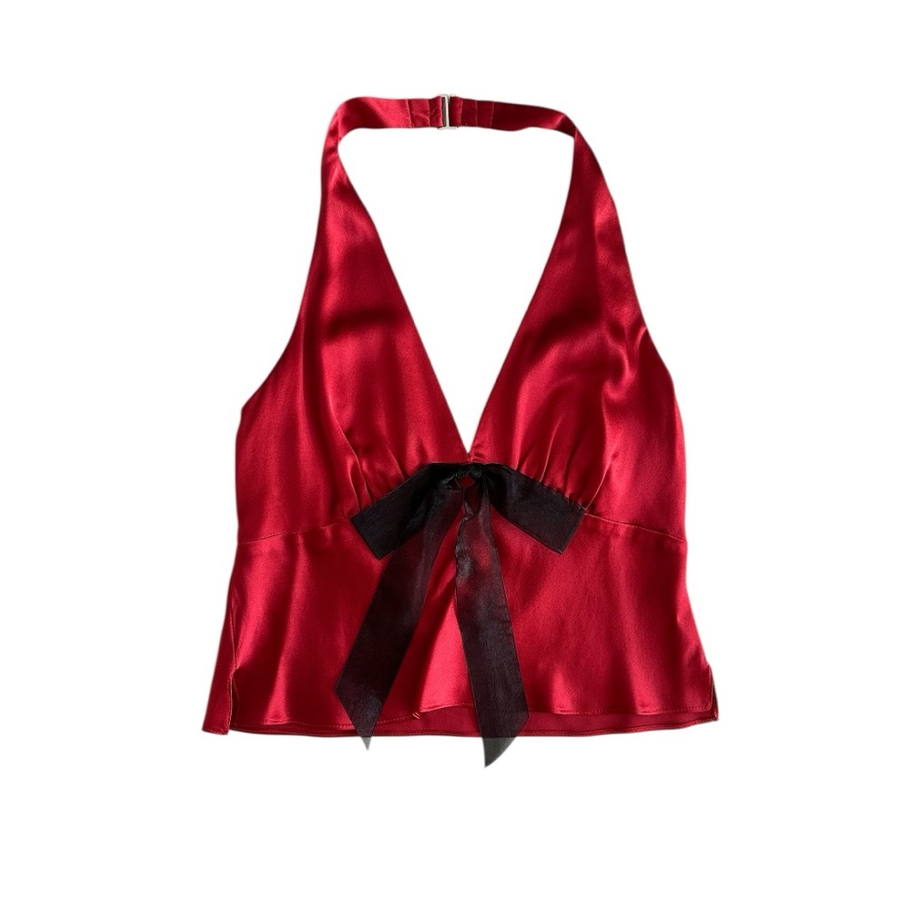 Reformation Red Halter Crop Top with Black Bow